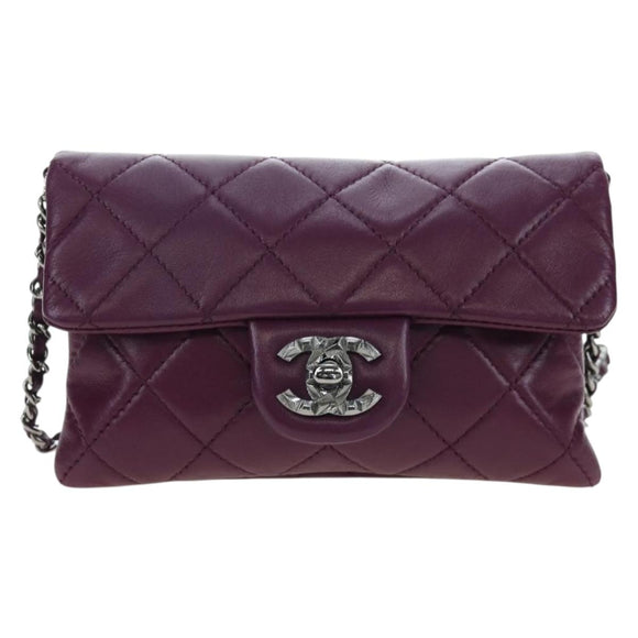 CHANEL Matelasse Chain Shoulder Bag Lamb Skin Purple Silver CC Auth 195019M