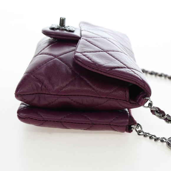 CHANEL Matelasse Chain Shoulder Bag Lamb Skin Purple Silver CC Auth 195019M