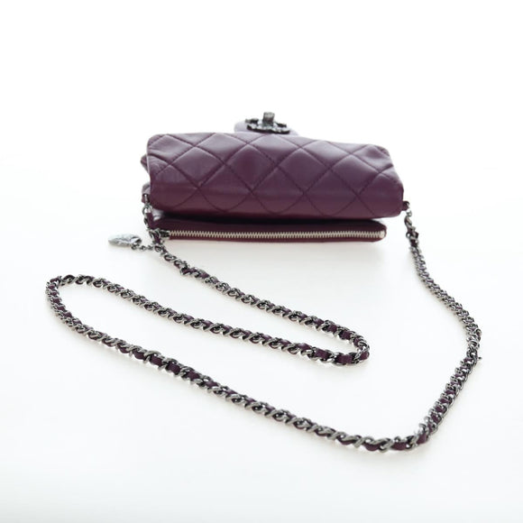 CHANEL Matelasse Chain Shoulder Bag Lamb Skin Purple Silver CC Auth 195019M