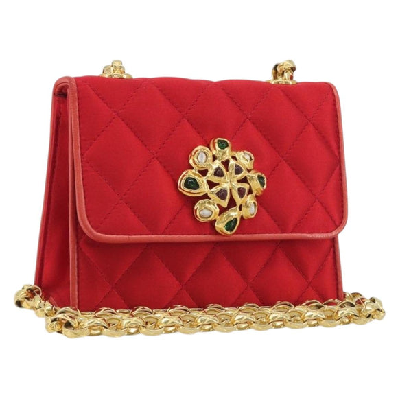 CHANEL Matelasse Chain Gribois Shoulder Bag Satin Red Gold CC Auth 195020