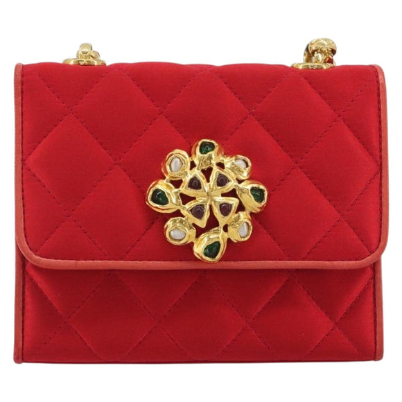 CHANEL Matelasse Chain Gribois Shoulder Bag Satin Red Gold CC Auth 195020