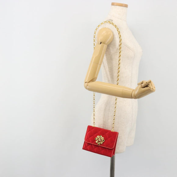CHANEL Matelasse Chain Gribois Shoulder Bag Satin Red Gold CC Auth 195020