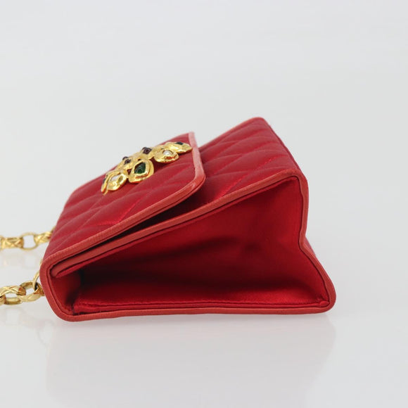 CHANEL Matelasse Chain Gribois Shoulder Bag Satin Red Gold CC Auth 195020