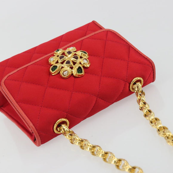 CHANEL Matelasse Chain Gribois Shoulder Bag Satin Red Gold CC Auth 195020