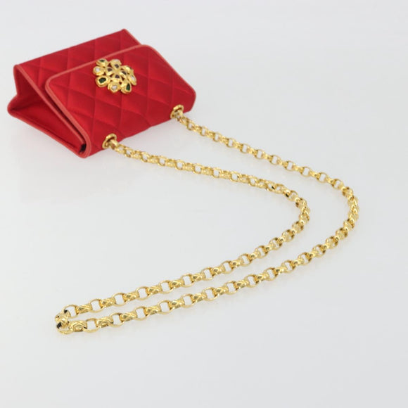 CHANEL Matelasse Chain Gribois Shoulder Bag Satin Red Gold CC Auth 195020