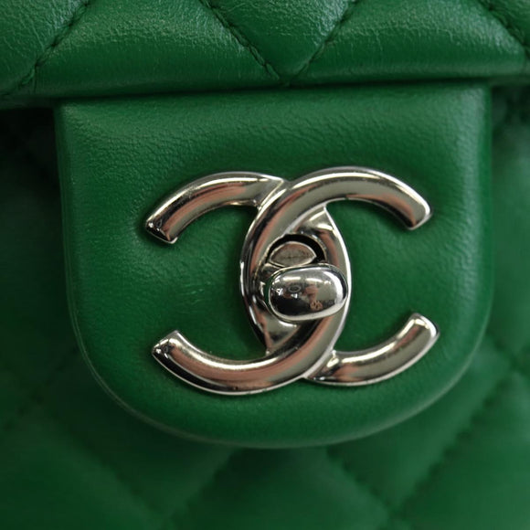 CHANEL Matelasse Chain Shoulder Backpack Lamb Skin Green Silver CC Auth 195024M