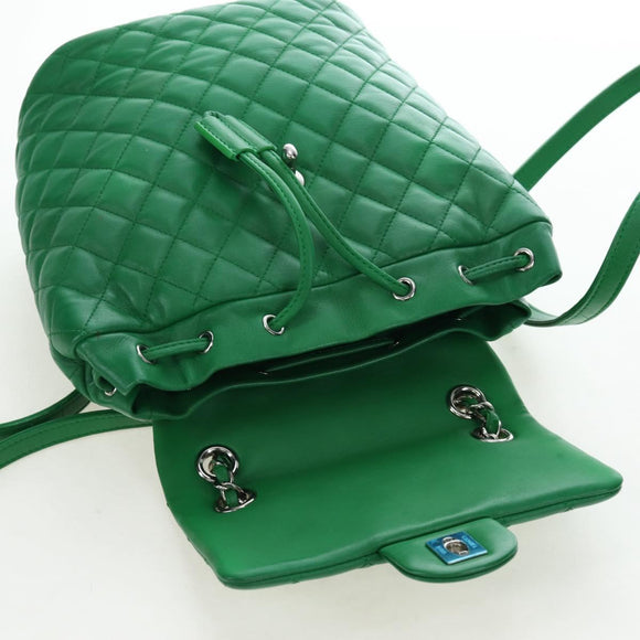 CHANEL Matelasse Chain Shoulder Backpack Lamb Skin Green Silver CC Auth 195024M