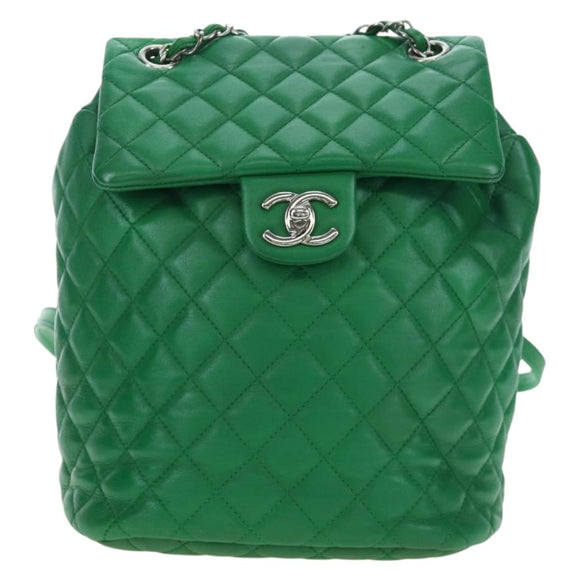 CHANEL Matelasse Chain Shoulder Backpack Lamb Skin Green Silver CC Auth 195024M