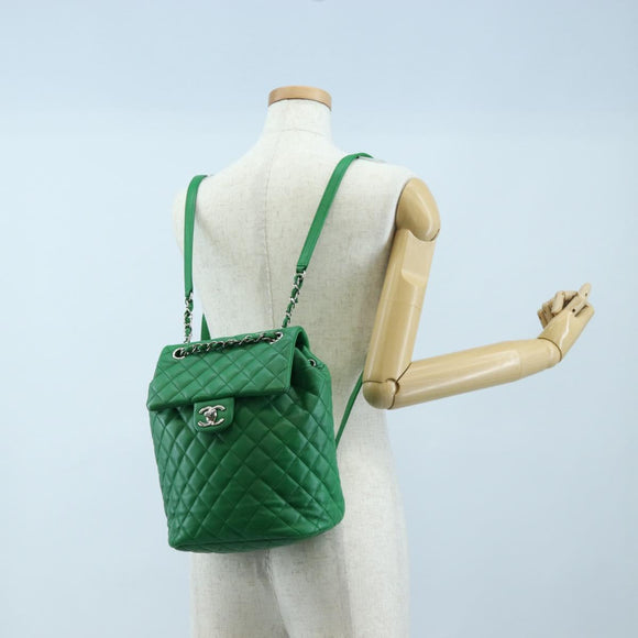 CHANEL Matelasse Chain Shoulder Backpack Lamb Skin Green Silver CC Auth 195024M