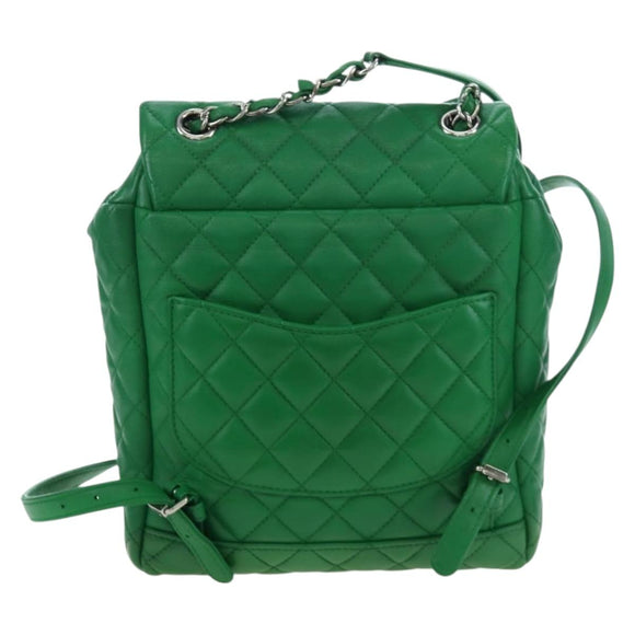 CHANEL Matelasse Chain Shoulder Backpack Lamb Skin Green Silver CC Auth 195024M