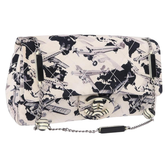 CHANEL Matelasse 25 Airline Shoulder Bag Canvas White Silver CC Auth 195026SAM