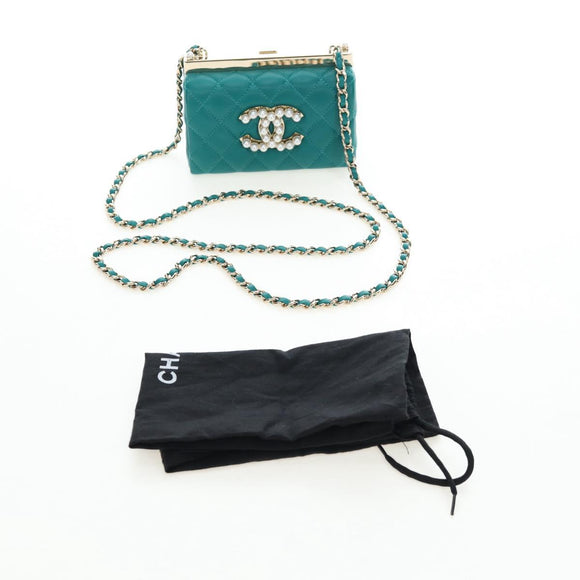 CHANEL Matelasse Chain Shoulder Bag Lamb Skin Green Gold CC Auth 195029SM