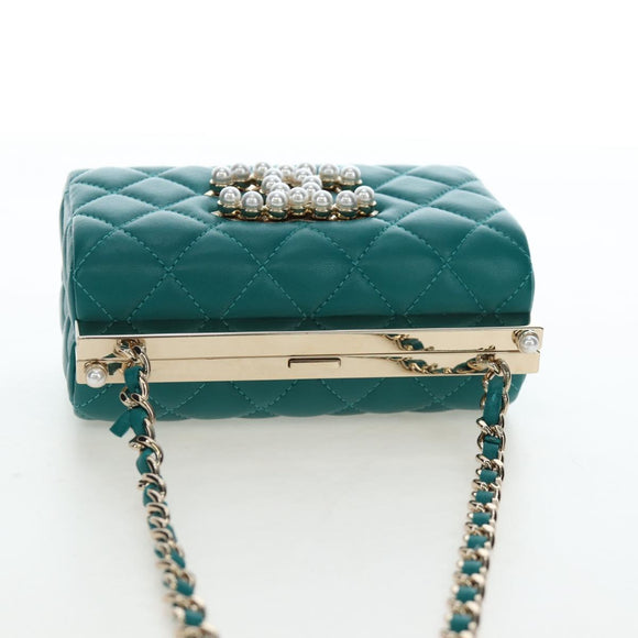 CHANEL Matelasse Chain Shoulder Bag Lamb Skin Green Gold CC Auth 195029SM