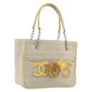 CHANEL Choco Bar Cambon Chain Tote Bag Canvas Beige Silver CC Auth 195070A-1