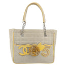 CHANEL Choco Bar Cambon Chain Tote Bag Canvas Beige Silver CC Auth 195070A-2