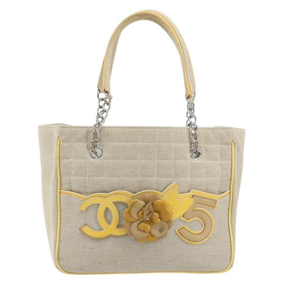 CHANEL Choco Bar Cambon Chain Tote Bag Canvas Beige Silver CC Auth 195070A