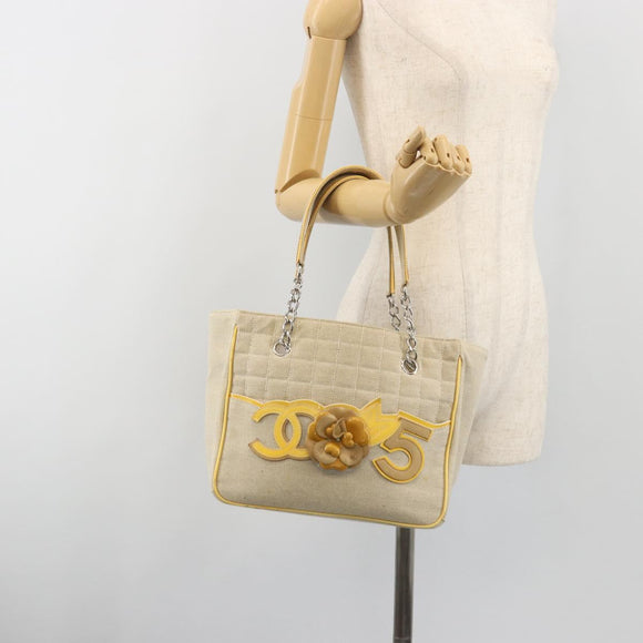 CHANEL Choco Bar Cambon Chain Tote Bag Canvas Beige Silver CC Auth 195070A