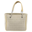 CHANEL Choco Bar Cambon Chain Tote Bag Canvas Beige Silver CC Auth 195070A-3