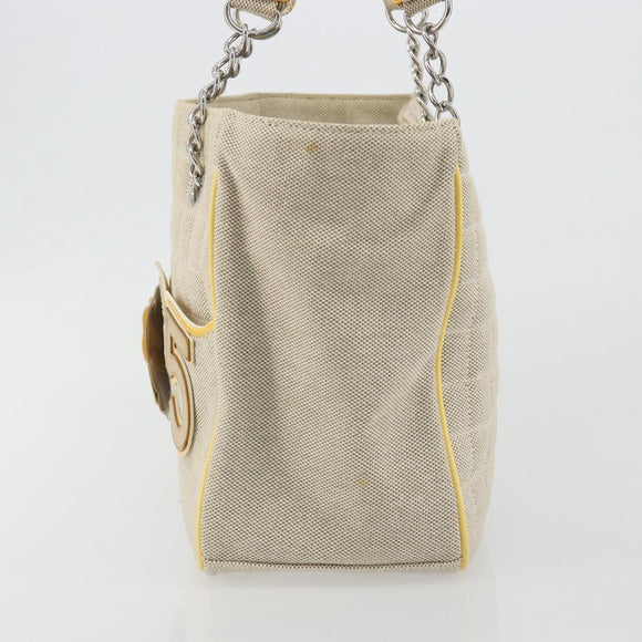 CHANEL Choco Bar Cambon Chain Tote Bag Canvas Beige Silver CC Auth 195070A
