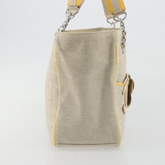 CHANEL Choco Bar Cambon Chain Tote Bag Canvas Beige Silver CC Auth 195070A