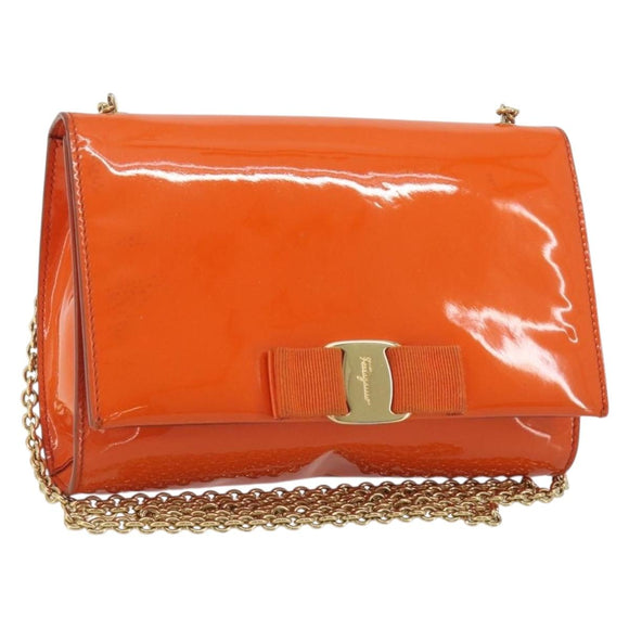 Salvatore Ferragamo Vala Chain Bag Patent leather Orange Gold Auth 195082