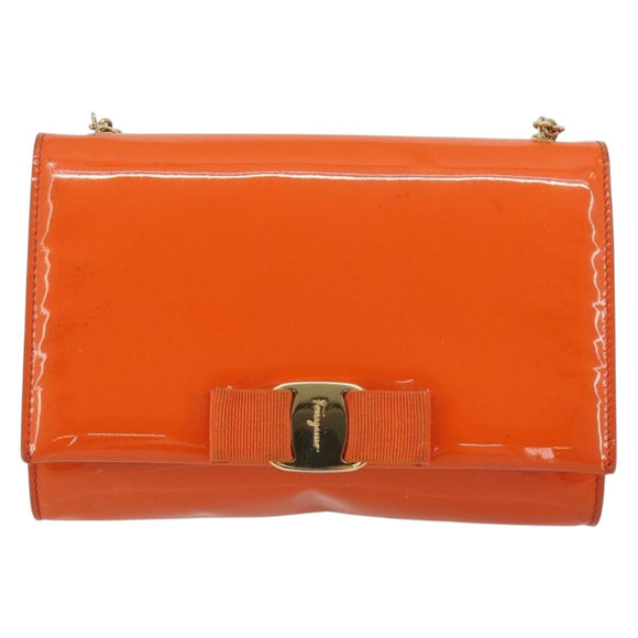 Salvatore Ferragamo Vala Chain Bag Patent leather Orange Gold Auth 195082