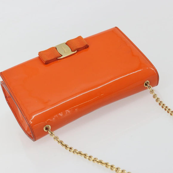 Salvatore Ferragamo Vala Chain Bag Patent leather Orange Gold Auth 195082