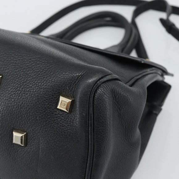 Salvatore Ferragamo Gancini Studio Hand Bag Leather 2way Black Gold Auth 195088