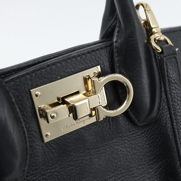 Salvatore Ferragamo Gancini Studio Hand Bag Leather 2way Black Gold Auth 195088