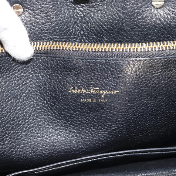 Salvatore Ferragamo Gancini Studio Hand Bag Leather 2way Black Gold Auth 195088