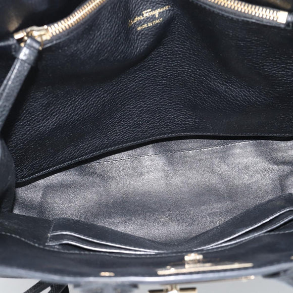 Salvatore Ferragamo Gancini Studio Hand Bag Leather 2way Black Gold Auth 195088