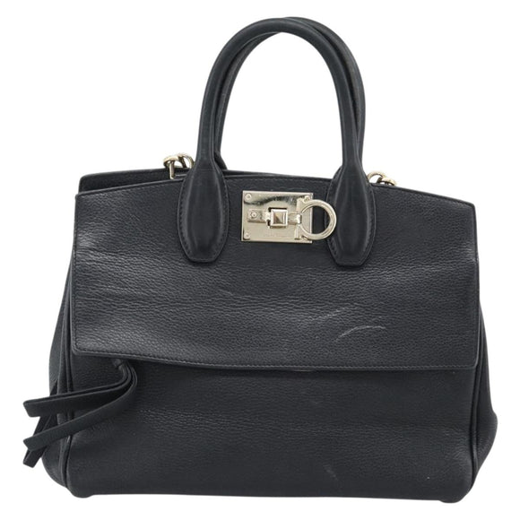 Salvatore Ferragamo Gancini Studio Hand Bag Leather 2way Black Gold Auth 195088