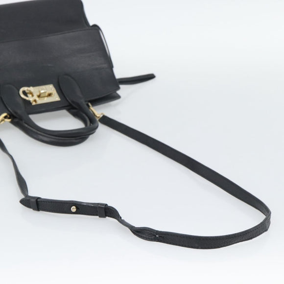 Salvatore Ferragamo Gancini Studio Hand Bag Leather 2way Black Gold Auth 195088