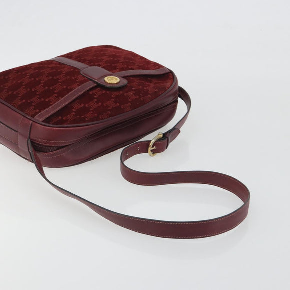 CELINE Macadam Canvas Horse Carriage Bag Suede Bordeaux Gold Auth 195091
