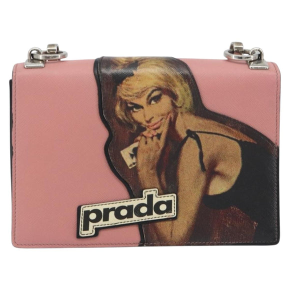 PRADA Chain Shoulder Bag Saffiano leather Pink Silver Auth 195095A