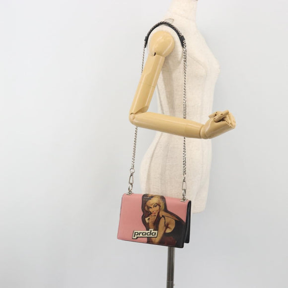PRADA Chain Shoulder Bag Saffiano leather Pink Silver Auth 195095A