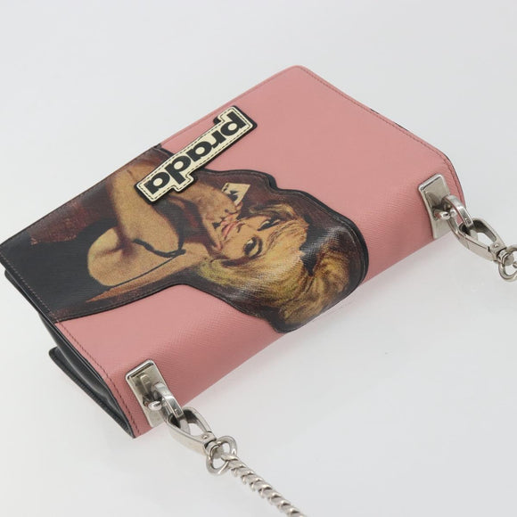 PRADA Chain Shoulder Bag Saffiano leather Pink Silver Auth 195095A