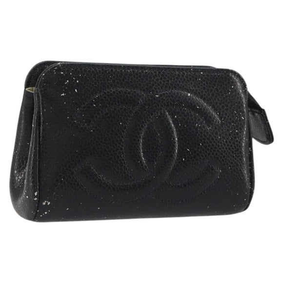 CHANEL COCO Mark Pouch Caviar Skin Black Gold CC Auth 195101