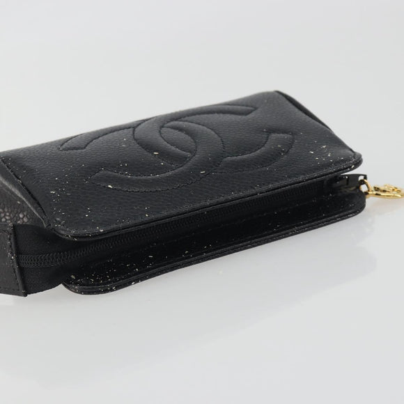 CHANEL COCO Mark Pouch Caviar Skin Black Gold CC Auth 195101