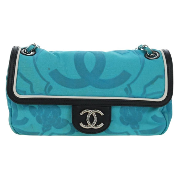 CHANEL Chain Shoulder Bag Canvas Turquoise Blue Silver CC Auth 195104M