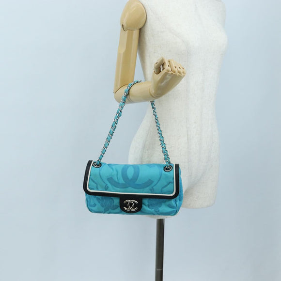 CHANEL Chain Shoulder Bag Canvas Turquoise Blue Silver CC Auth 195104M