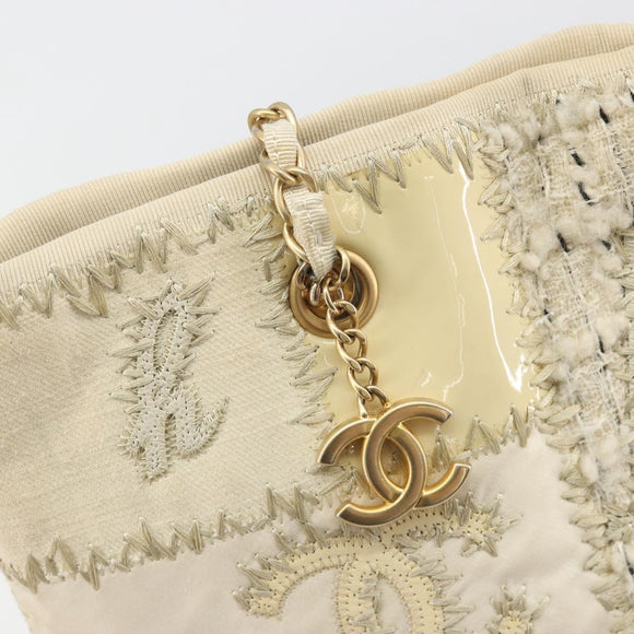CHANEL Patchwork Chain Tote Bag Tweed Ivory Gold CC Auth 195106SM