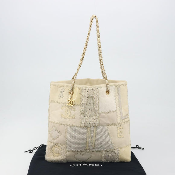 CHANEL Patchwork Chain Tote Bag Tweed Ivory Gold CC Auth 195106SM