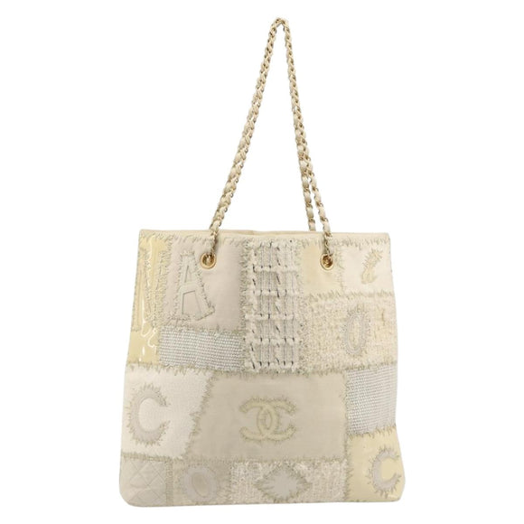 CHANEL Patchwork Chain Tote Bag Tweed Ivory Gold CC Auth 195106SM