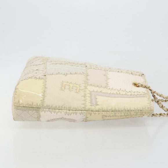 CHANEL Patchwork Chain Tote Bag Tweed Ivory Gold CC Auth 195106SM