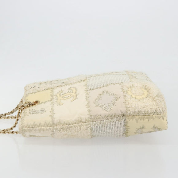 CHANEL Patchwork Chain Tote Bag Tweed Ivory Gold CC Auth 195106SM