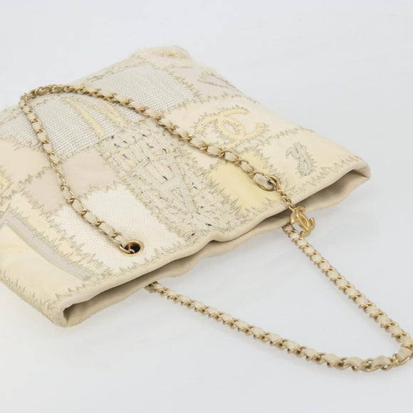 CHANEL Patchwork Chain Tote Bag Tweed Ivory Gold CC Auth 195106SM