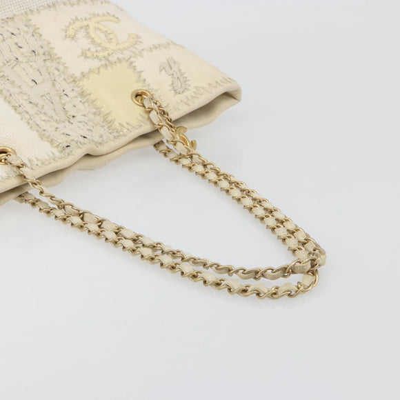 CHANEL Patchwork Chain Tote Bag Tweed Ivory Gold CC Auth 195106SM