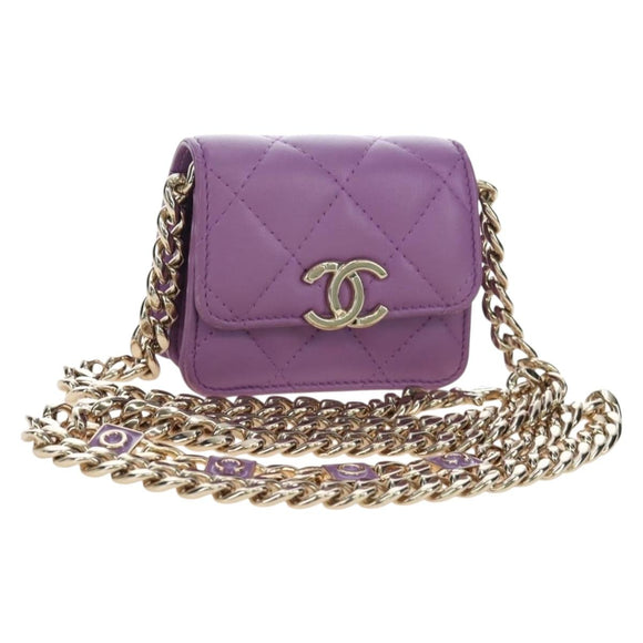 CHANEL Matelasse Chain Shoulder Pouch Lamb Skin Purple Gold CC Auth 195109M