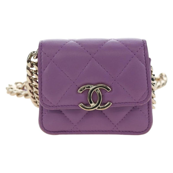 CHANEL Matelasse Chain Shoulder Pouch Lamb Skin Purple Gold CC Auth 195109M